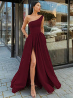 A Line One Shoulder Floor Length Satin Prom Dresses With Leg Slit
