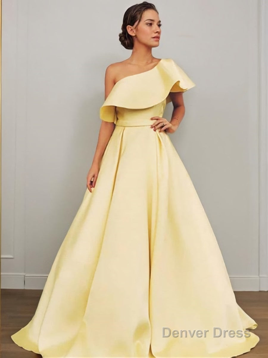 A Line One Shoulder Floor Length Satin Prom Dresses With Ruffles