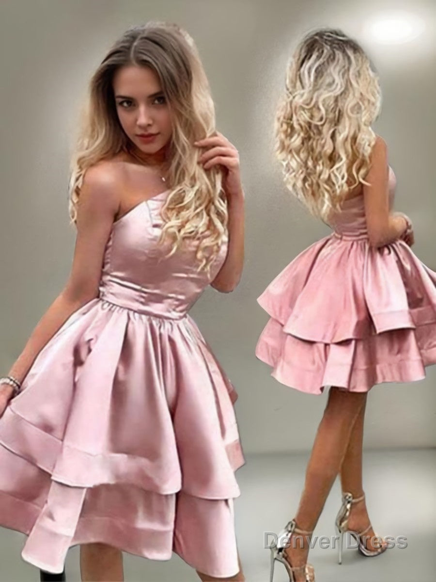 A Line One Shoulder Short Mini Charmeuse Homecoming Dresses With Ruffles Secondary image