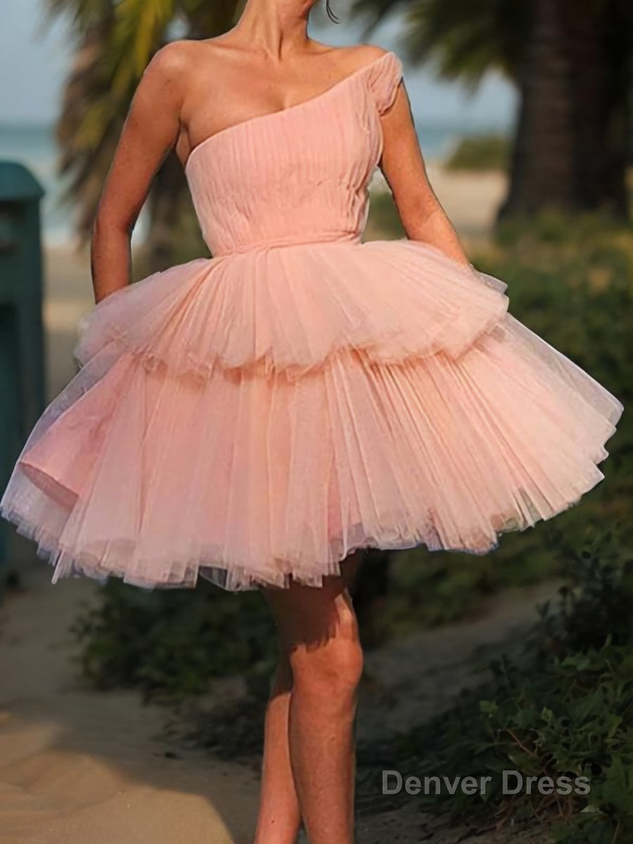 A Line One Shoulder Short Mini Tulle Homecoming Dresses With Cascading Ruffles