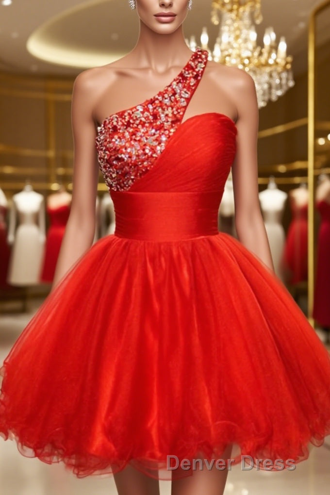 A Line One Shoulder Short Mini Tulle Homecoming Dresses With Sequin