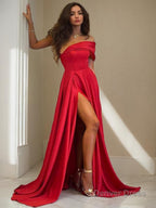 A Line One Shoulder Sweep Train Charmeuse Prom Dresses With Leg Slit