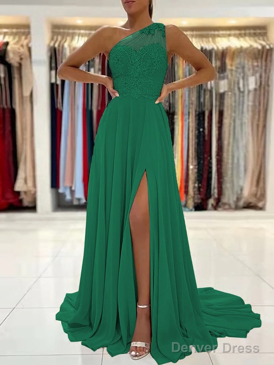 A Line One Shoulder Sweep Train Chiffon Prom Dresses With Leg Slit