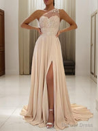A Line One Shoulder Sweep Train Chiffon Prom Dresses With Leg Slit