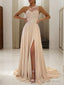 A Line One Shoulder Sweep Train Chiffon Prom Dresses With Leg Slit
