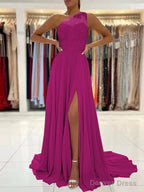 A Line One Shoulder Sweep Train Chiffon Prom Dresses With Leg Slit