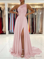 A Line One Shoulder Sweep Train Chiffon Prom Dresses With Leg Slit