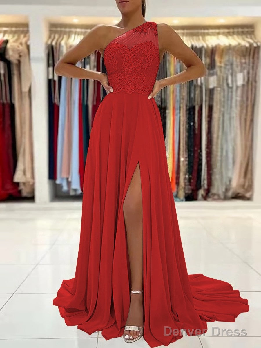 A Line One Shoulder Sweep Train Chiffon Prom Dresses With Leg Slit