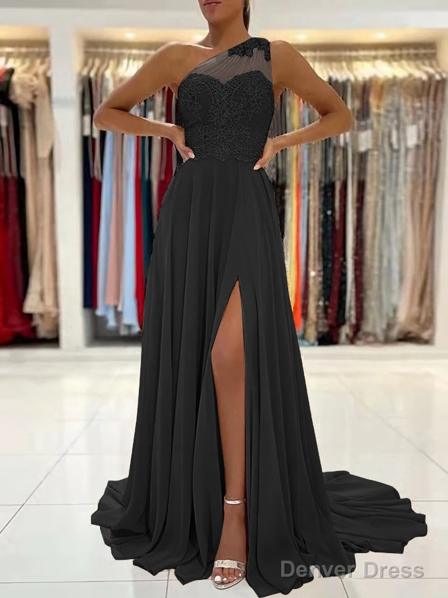 A Line One Shoulder Sweep Train Chiffon Prom Dresses With Leg Slit