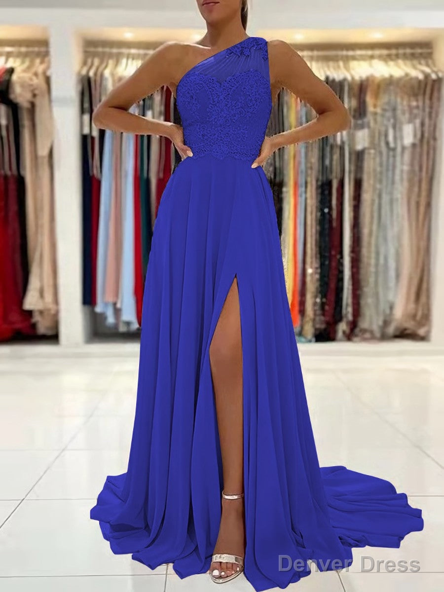 A Line One Shoulder Sweep Train Chiffon Prom Dresses With Leg Slit