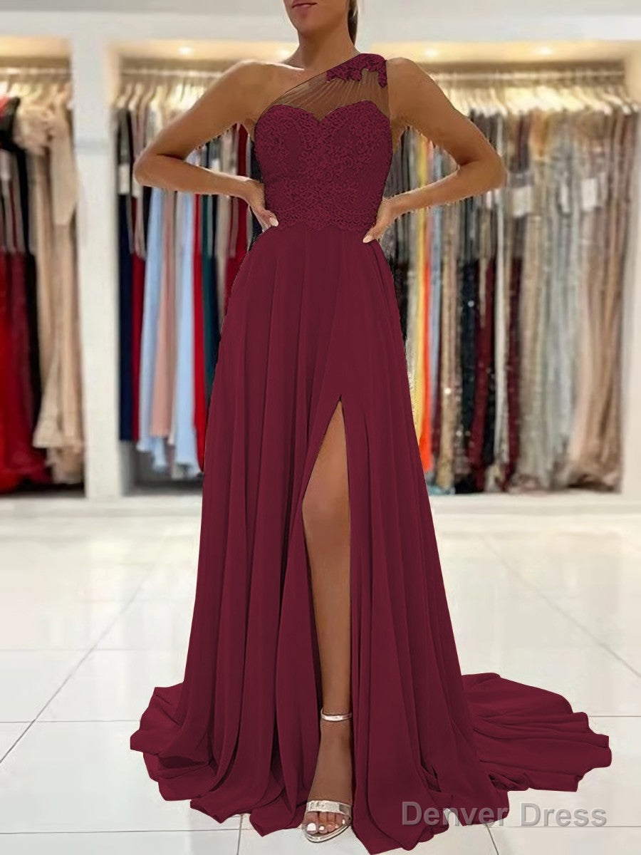 A Line One Shoulder Sweep Train Chiffon Prom Dresses With Leg Slit