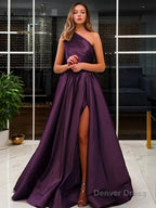 A Line One Shoulder Sweep Train Satin Prom Dresses With Leg Slit