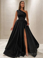 A Line One Shoulder Sweep Train Satin Prom Dresses With Leg Slit