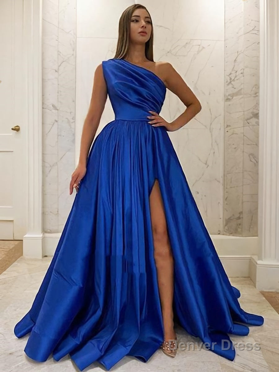 A Line One Shoulder Sweep Train Satin Prom Dresses With Leg Slit