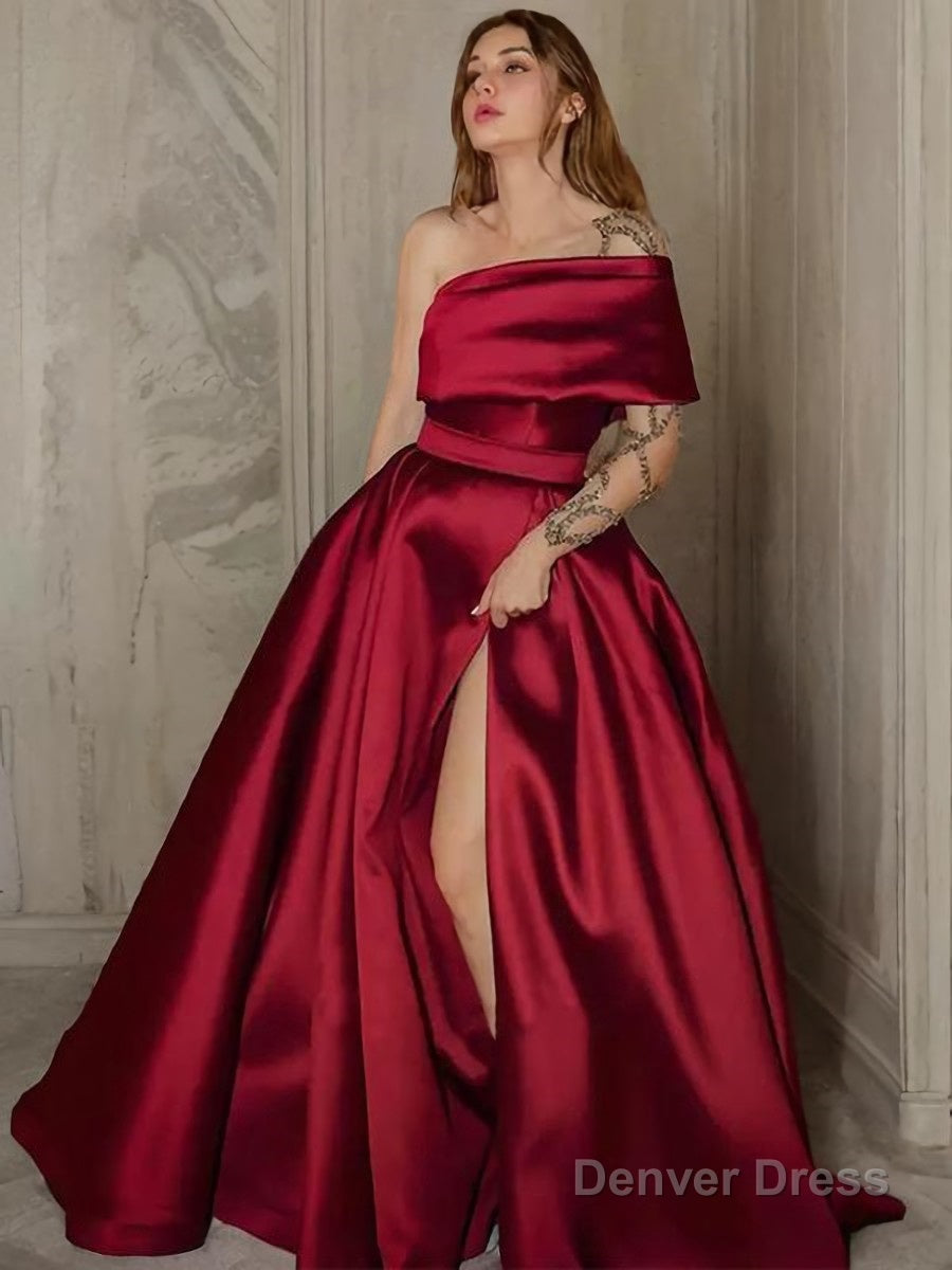 A Line One Shoulder Sweep Train Satin Prom Dresses With Leg Slit