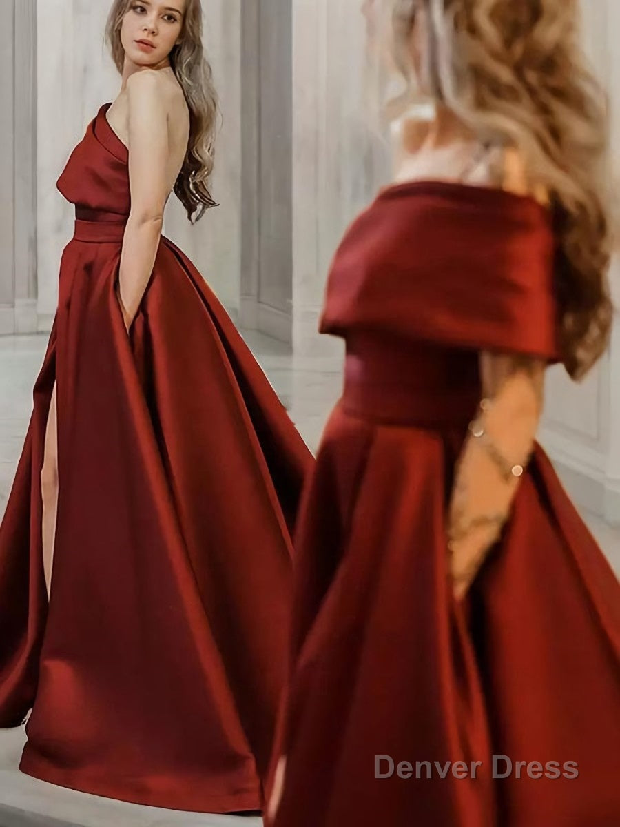A Line One Shoulder Sweep Train Satin Prom Dresses With Leg Slit Secondary image