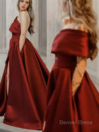 A Line One Shoulder Sweep Train Satin Prom Dresses With Leg Slit