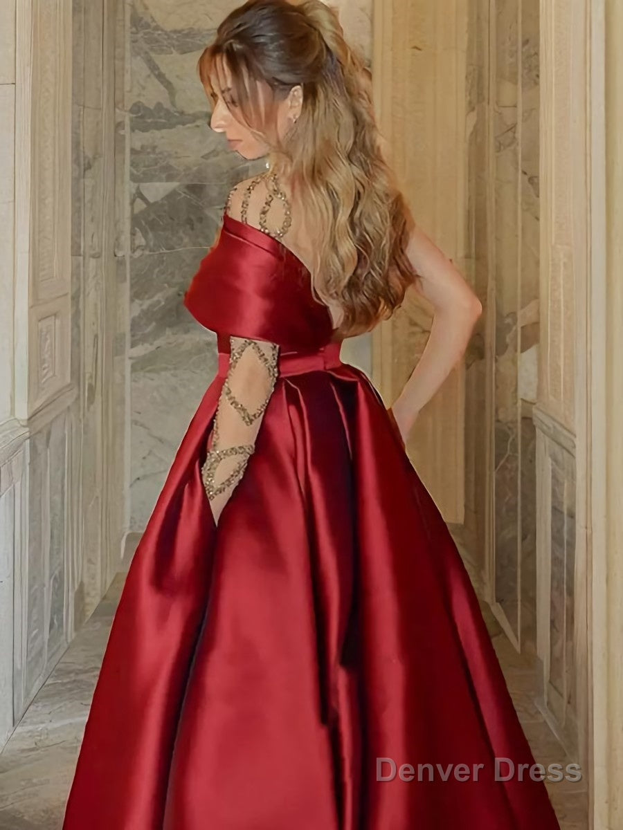 A Line One Shoulder Sweep Train Satin Prom Dresses With Leg Slit