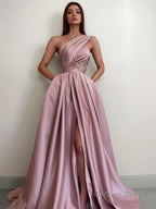 A Line One Shoulder Sweep Train Satin Prom Dresses With Pockets