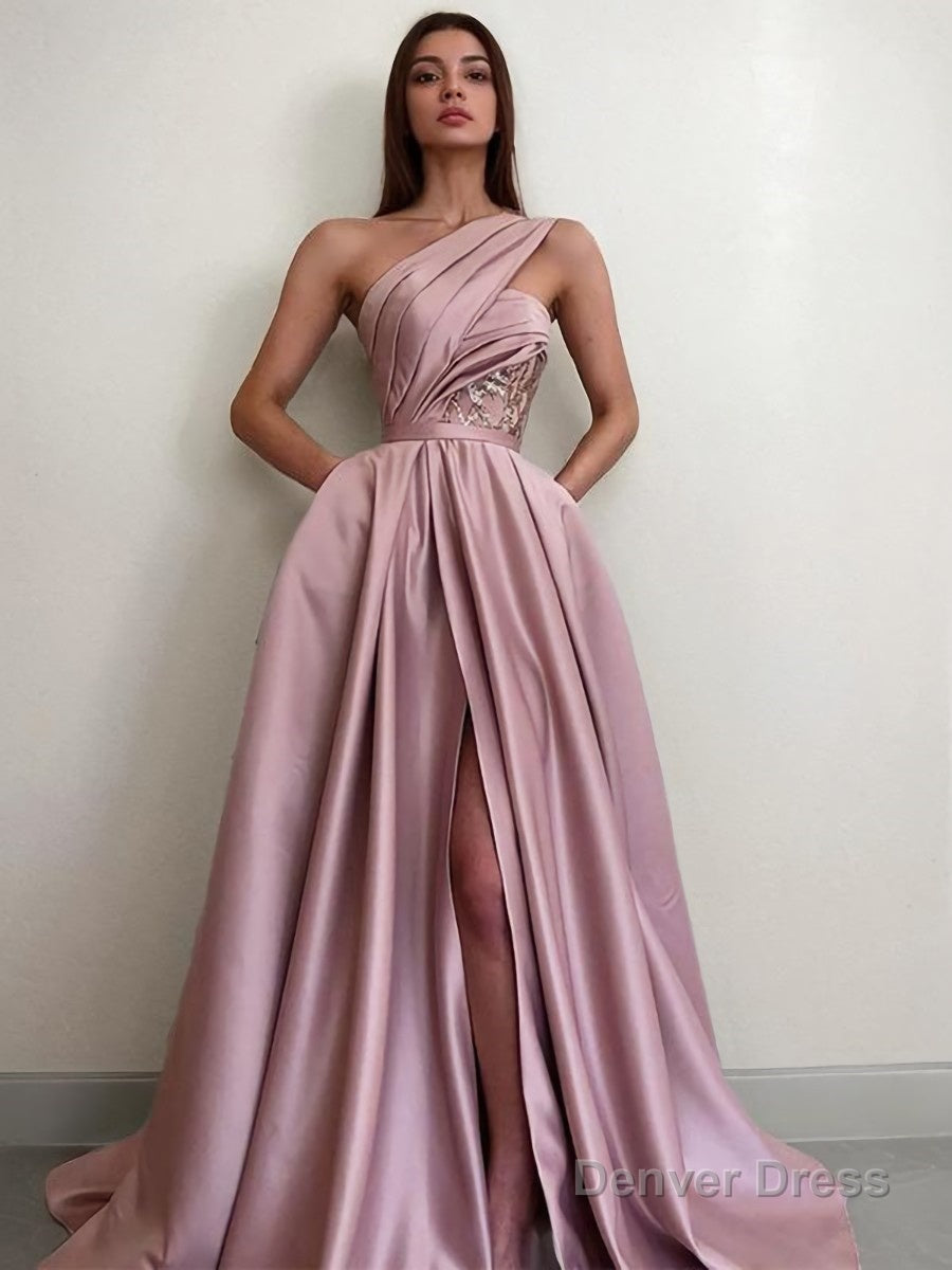 A Line One Shoulder Sweep Train Satin Prom Dresses With Pockets