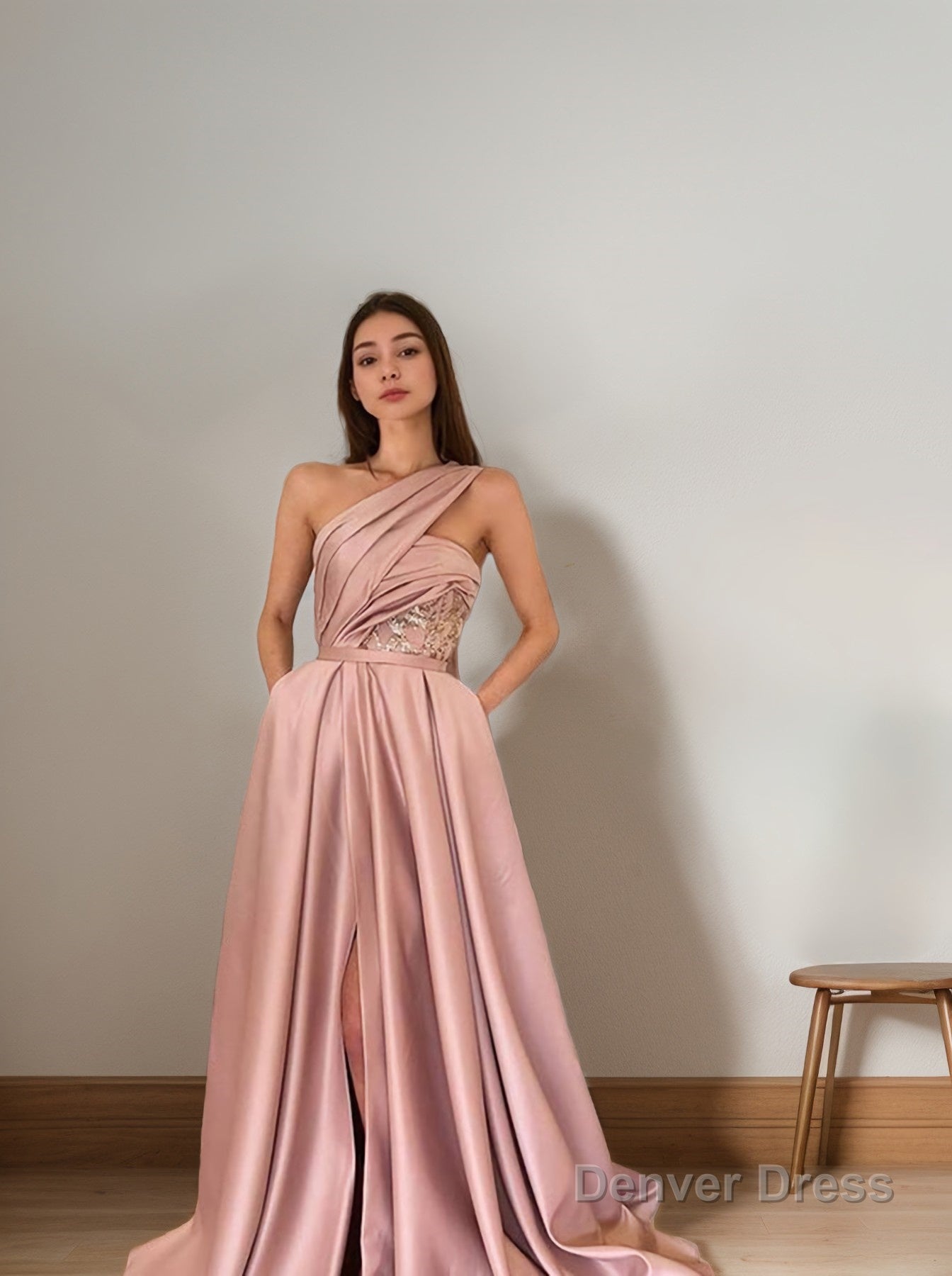 A Line One Shoulder Sweep Train Satin Prom Dresses With Pockets Secondary image