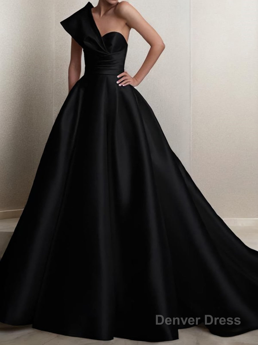 A Line One Shoulder Sweep Train Satin Prom Dresses With Ruffles