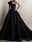 A Line One Shoulder Sweep Train Satin Prom Dresses With Ruffles