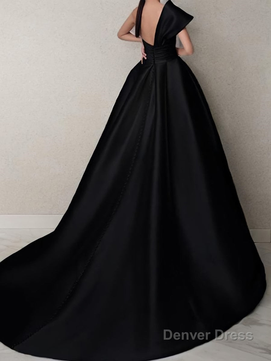 A Line One Shoulder Sweep Train Satin Prom Dresses With Ruffles Secondary image