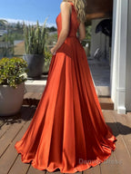 A Line One Shoulder Sweep Train Silk like Satin Prom Dresses With Leg Slit