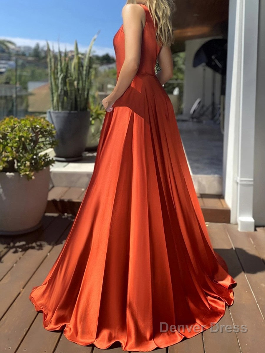 A Line One Shoulder Sweep Train Silk like Satin Prom Dresses With Leg Slit
