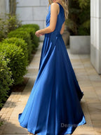 A Line One Shoulder Sweep Train Silk like Satin Prom Dresses With Leg Slit