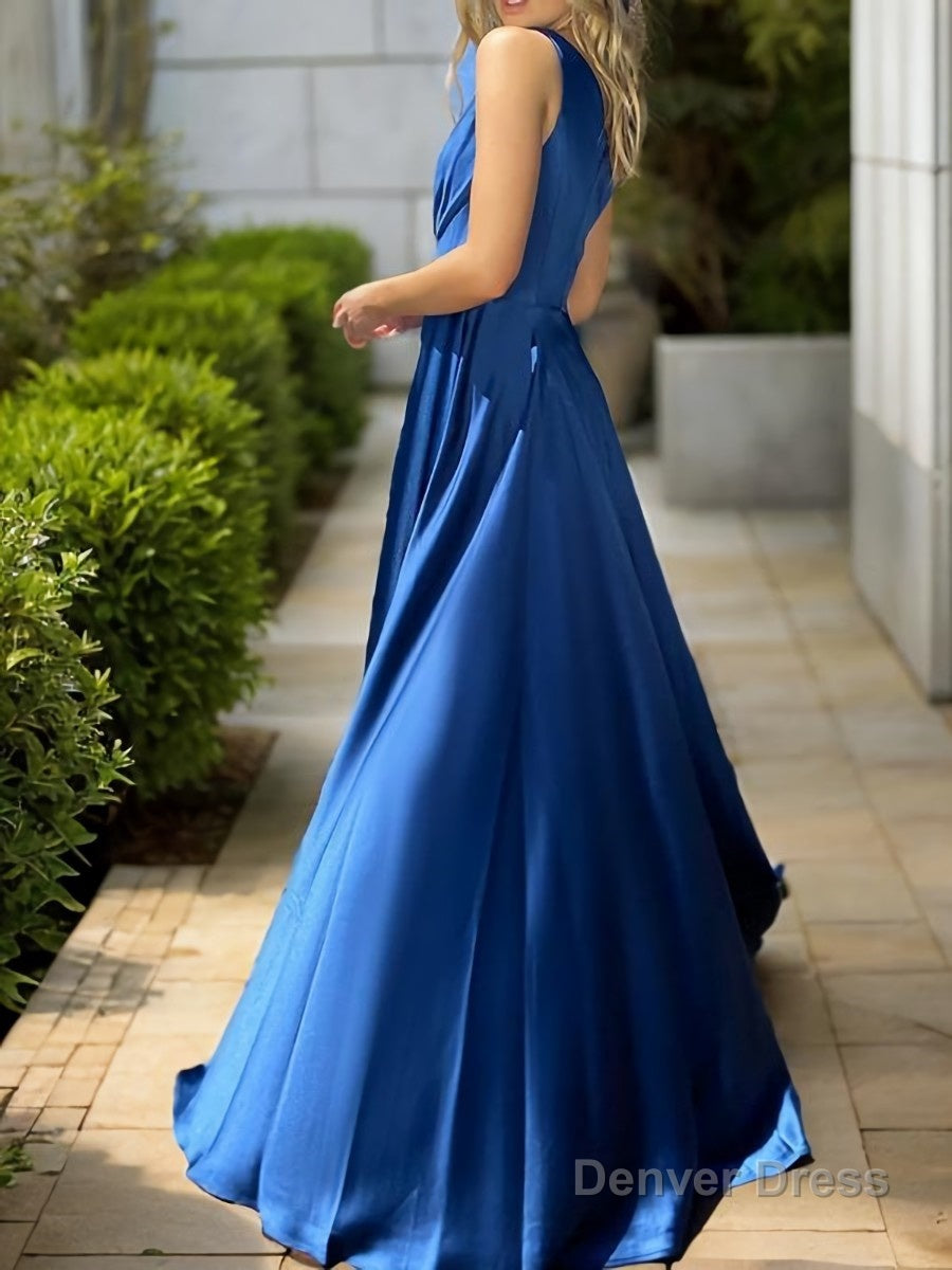 A Line One Shoulder Sweep Train Silk like Satin Prom Dresses With Leg Slit