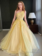 A Line One Shoulder Sweep Train Tulle Prom Dresses With Appliques Lace