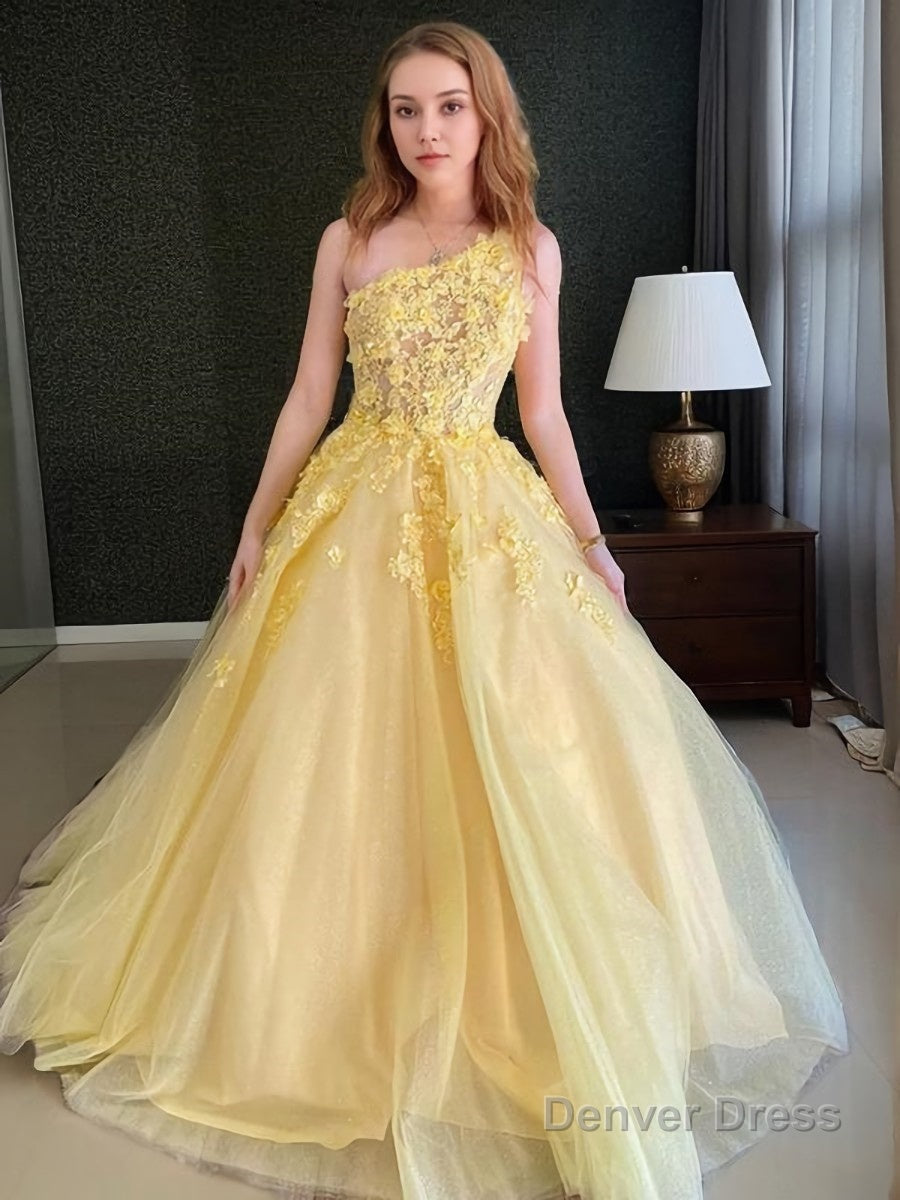 A Line One Shoulder Sweep Train Tulle Prom Dresses With Appliques Lace