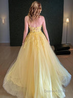 A Line One Shoulder Sweep Train Tulle Prom Dresses With Appliques Lace