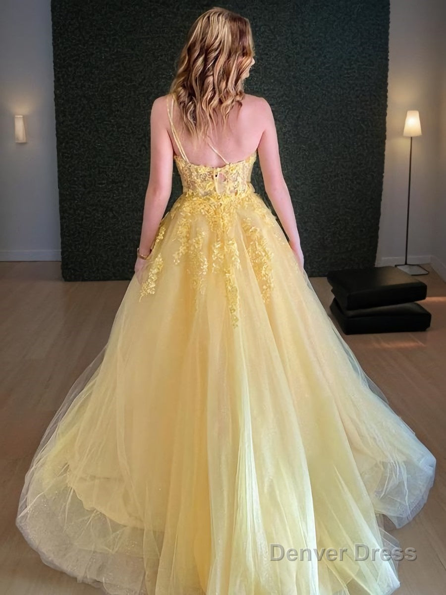 A Line One Shoulder Sweep Train Tulle Prom Dresses With Appliques Lace
