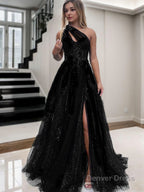 A Line One Shoulder Sweep Train Tulle Prom Dresses With Leg Slit