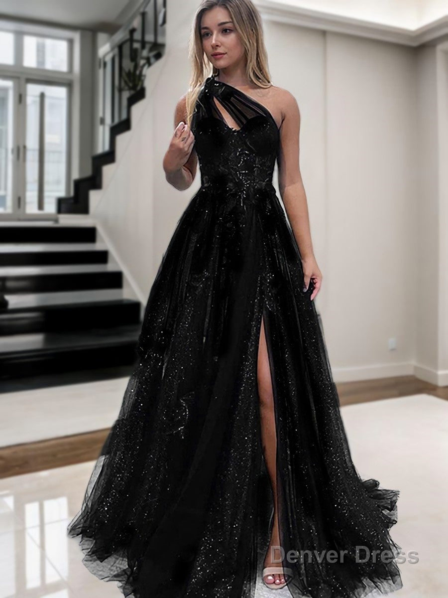 A Line One Shoulder Sweep Train Tulle Prom Dresses With Leg Slit