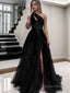 A Line One Shoulder Sweep Train Tulle Prom Dresses With Leg Slit