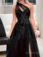 A Line One Shoulder Sweep Train Tulle Prom Dresses With Leg Slit