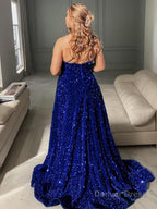 A Line One Shoulder Sweep Train Velvet Sequins Prom Dresses With Pockets