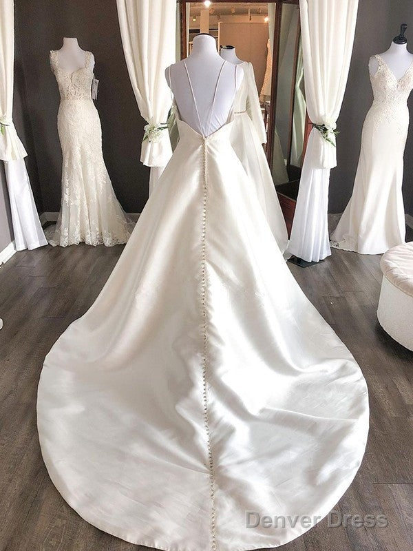 A Line Satin Ruffles Sweetheart Sleeveless Sweep Brush Train Wedding Dresses