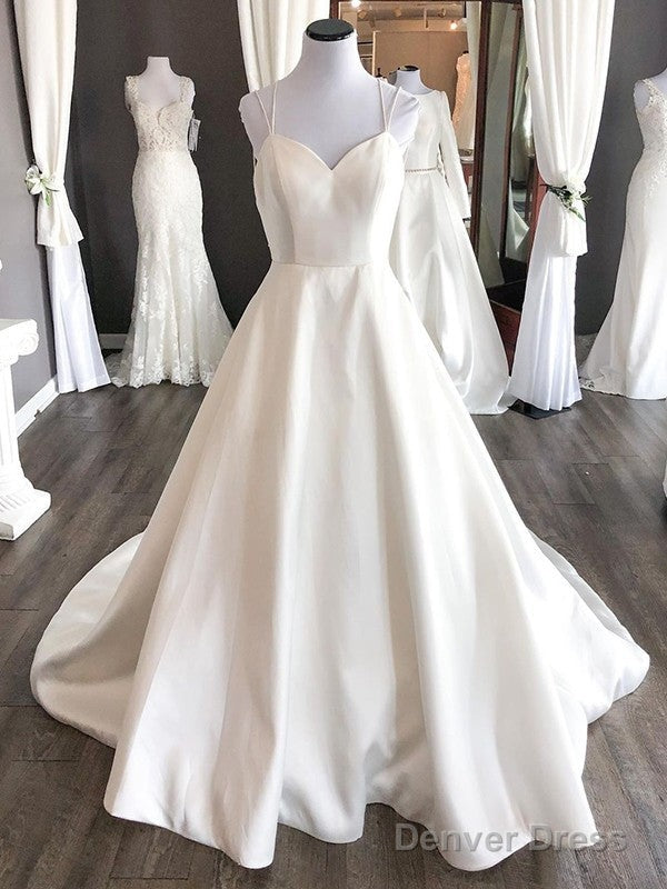 A Line Satin Ruffles Sweetheart Sleeveless Sweep Brush Train Wedding Dresses