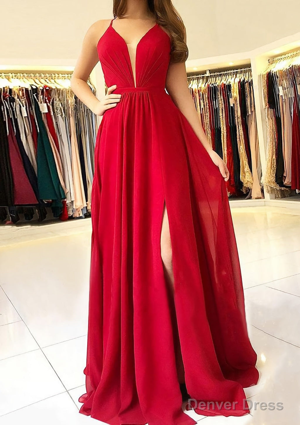 A Line Scalloped Neck Sleeveless Long Floor Length Chiffon Prom Dresses With Split