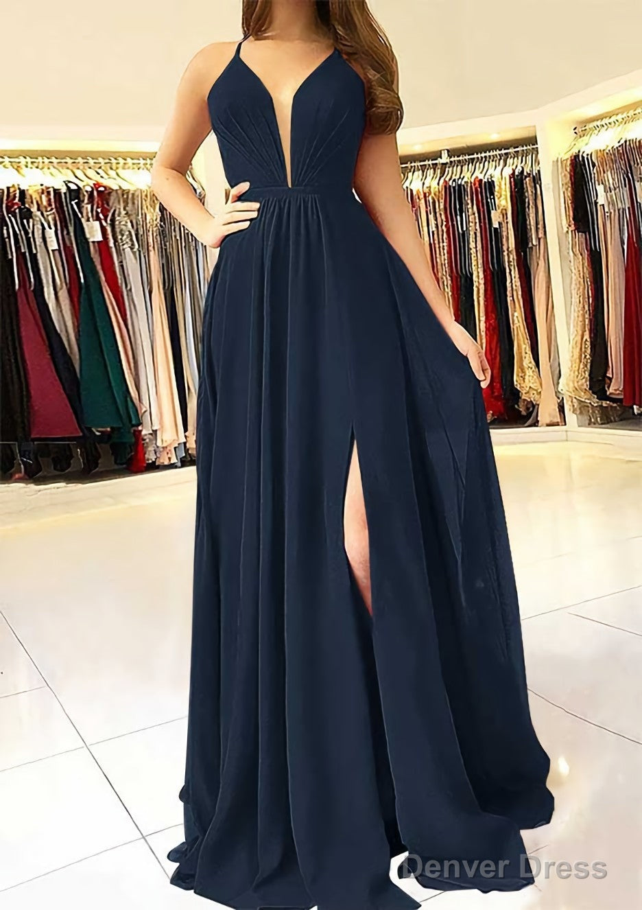 A Line Scalloped Neck Sleeveless Long Floor Length Chiffon Prom Dresses With Split