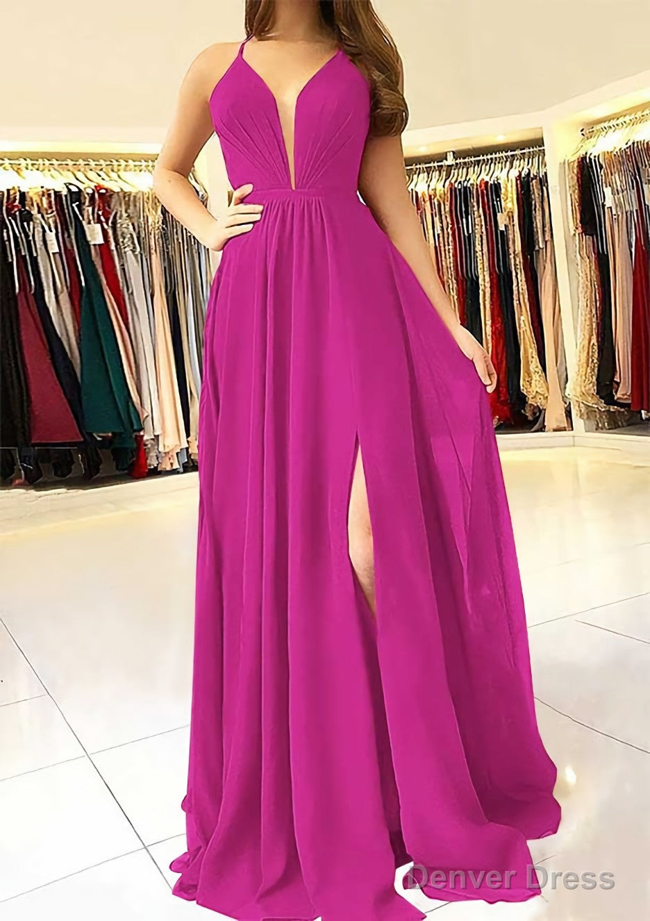 A Line Scalloped Neck Sleeveless Long Floor Length Chiffon Prom Dresses With Split