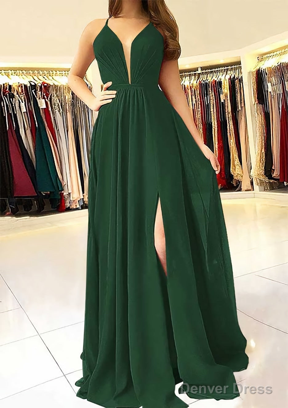 A Line Scalloped Neck Sleeveless Long Floor Length Chiffon Prom Dresses With Split