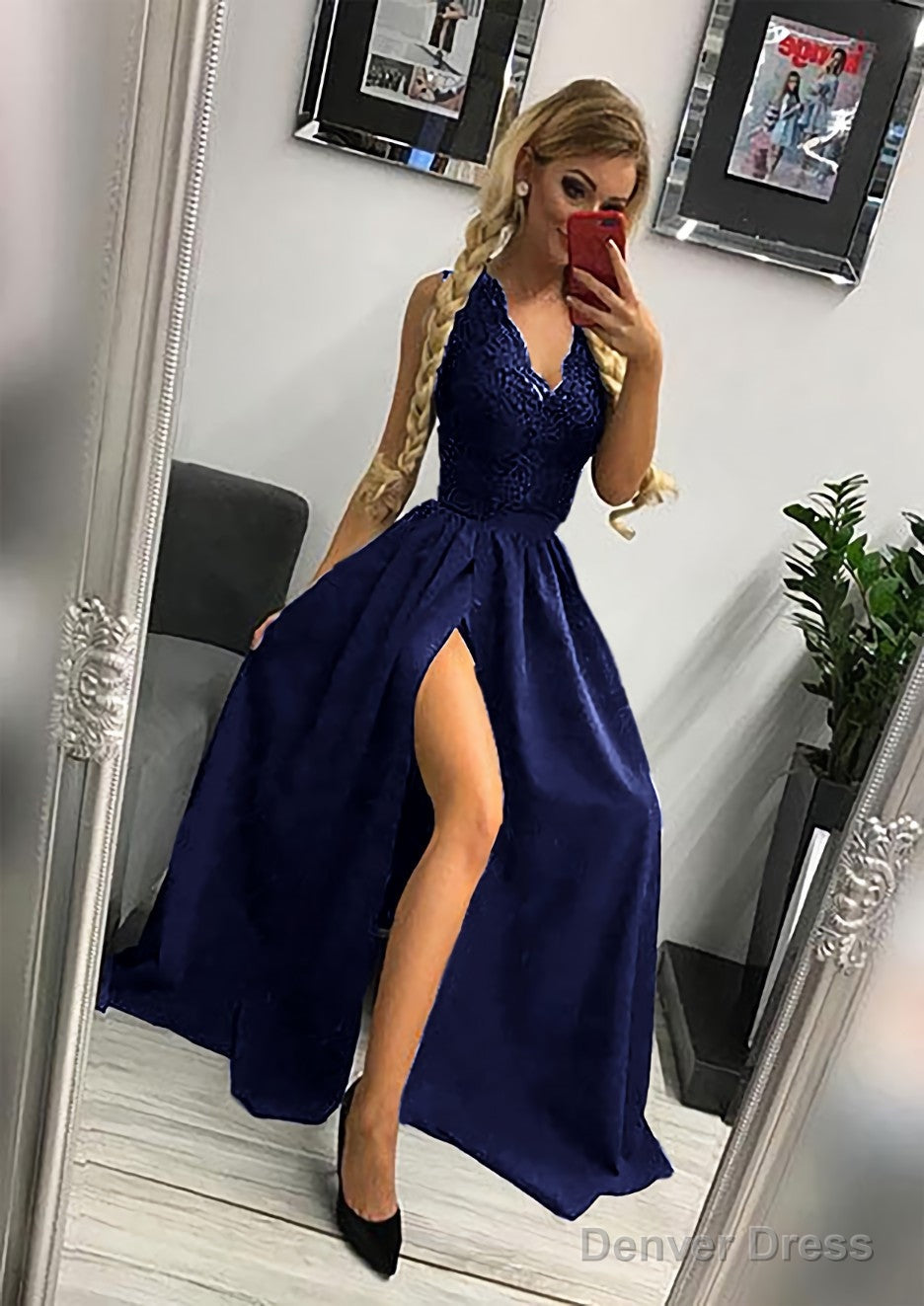 A-line/Princess Scalloped Neck Sleeveless Long/Floor-Length Elastic Satin Prom Dresses With Lace Split Secondary image