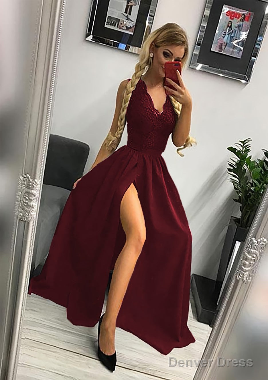 A-line/Princess Scalloped Neck Sleeveless Long/Floor-Length Elastic Satin Prom Dresses With Lace Split