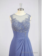 A Line Scoop Asymmetrical Chiffon Mother of the Bride Dresses With Appliques Lace